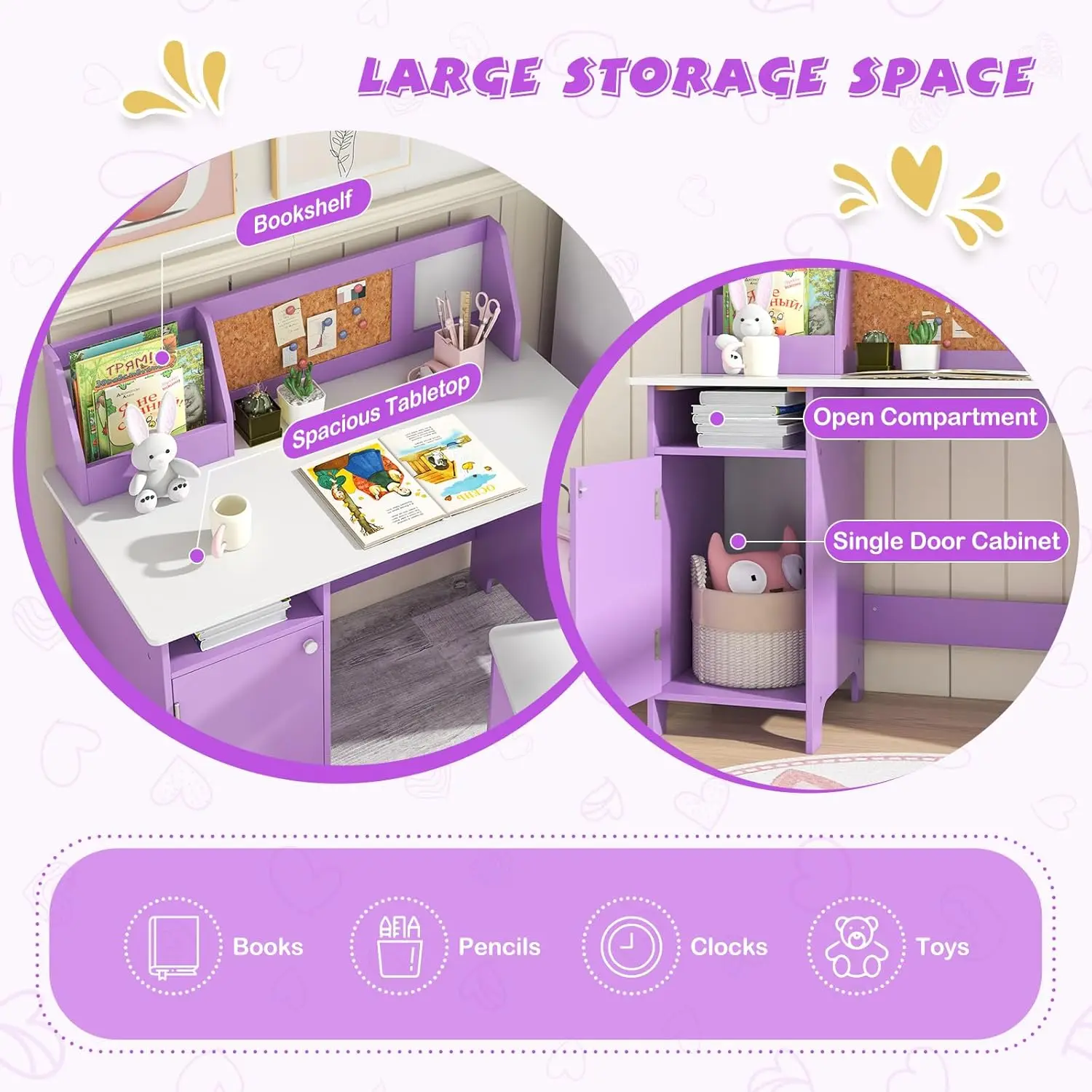 어린이 책상 및 의자 세트, 수납 공간이 있는 목재 학습 테이블, 화이트보드 및 마커, 보라색