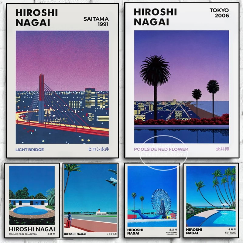 Japan Manga Vaporwave Sunset Purple Poster Hiroshi Nagai Canvas Painting Prints Wall Pictures for Nordic Living Room Home Decor