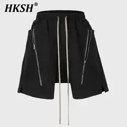 HKSH Summer New Men's Tide Dark Shorts Women Streetwear Hip Hop Casual High Street Double Zipper Splice Split Loop Capris HK1426