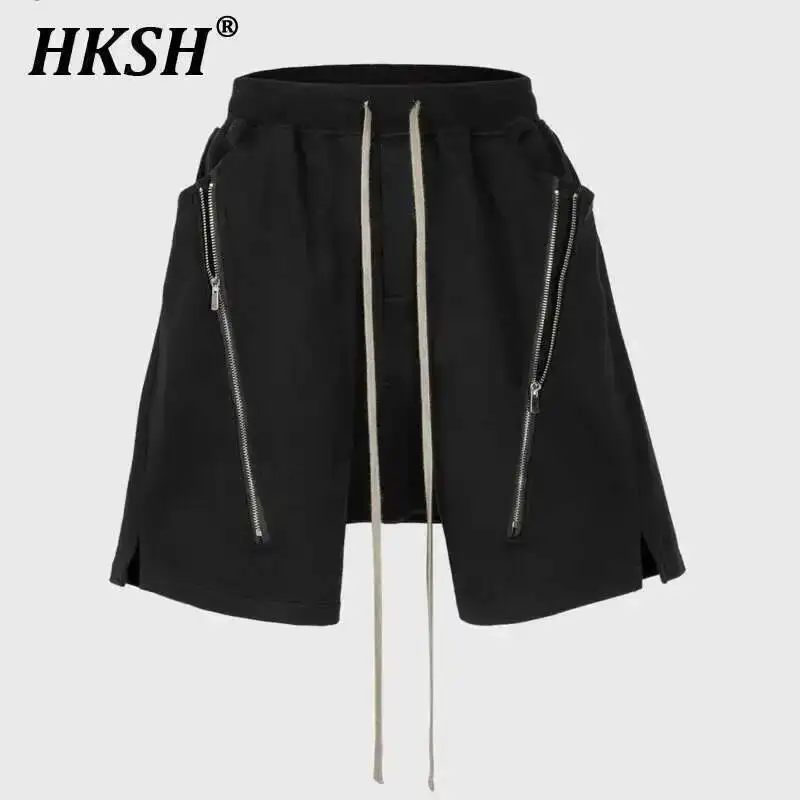 HKSH Summer New Men's Tide Dark Shorts Women Streetwear Hip Hop Casual High Street Double Zipper Splice Split Loop Capris HK1426
