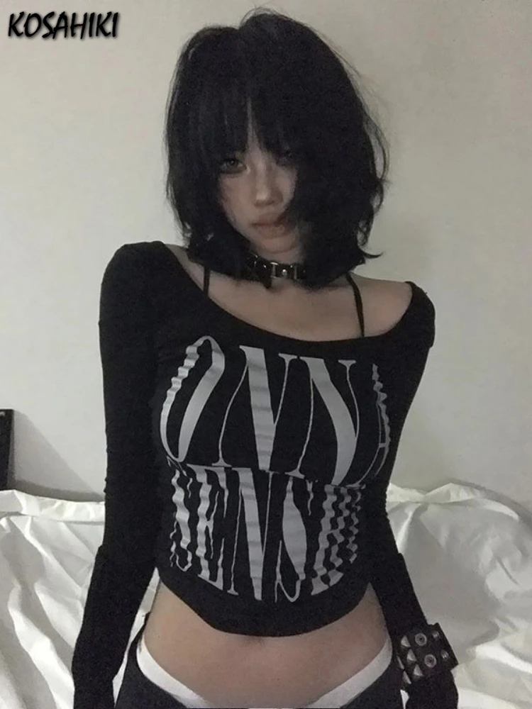 

Y2k Aesthetic Women Sexy Irregular Crop T-shirt Vintage Letter Print Streetwear Grunge Tshirts Harajuku Vintage Slim Tees Femme