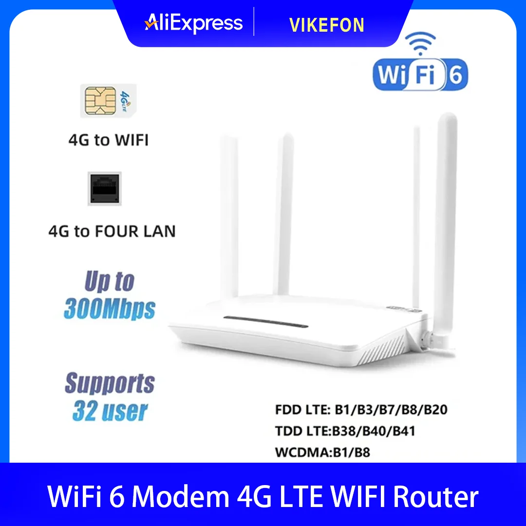 WiFi 6 Modem 4G LTE WIFI Router 300Mbps High Speed Support 32 Device Connection Wireless Hotspot 4G SIM Wifi Router
