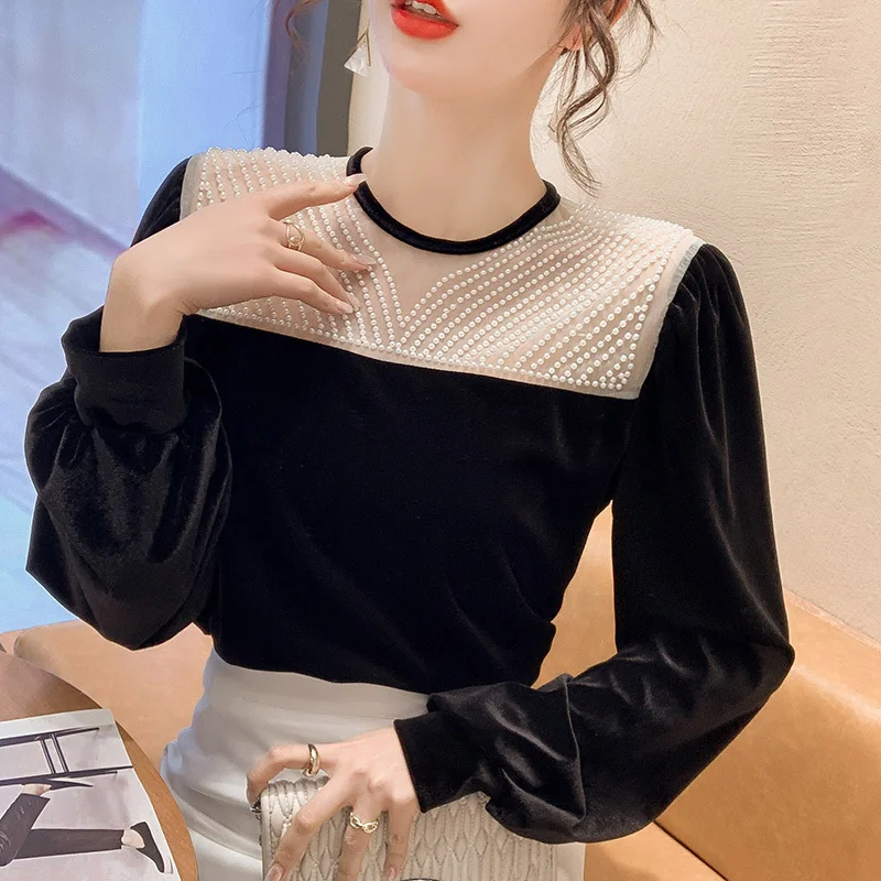 Ropa Mujer Vintage Blouse Women Patchwork Beading Velvet Shirts Temperament Ladies Tops Camisas De Muujer Elegant Blouses