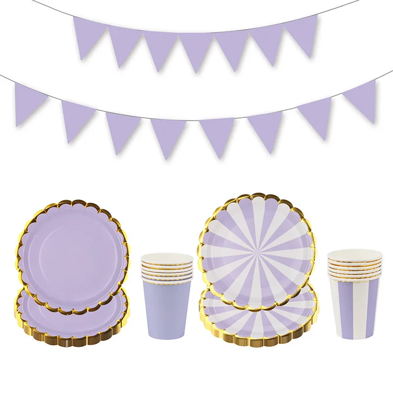 

10pcs Purple Macaron Theme Tableware Set Disposable Tableware Birthday Party Plates Paper Cups Paper Plates Set Wholesale