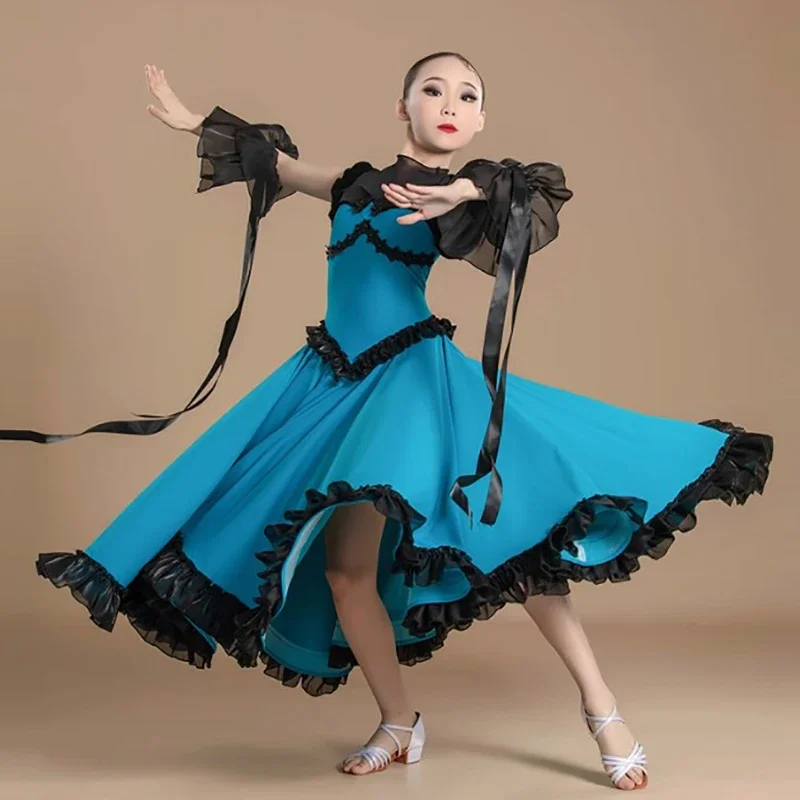 

Kids Girls Waltz Tango Ballroom Dancewear Professional Dresses Sleeveless Ruffles Large Fishbone Skirts Modern Dancing Costumes