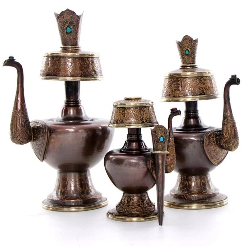 Gilt Tantric Offerings Benba Pot Nepo Red Copper Carved Water Purification Bottle Tibetan Buddhism Wenba Bottle Buddhist Supply
