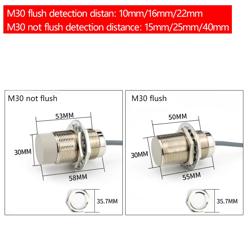 M30 proximity switch, inductive sensor with wire, normally open/normally closed three-wire DC 24V metal sensor