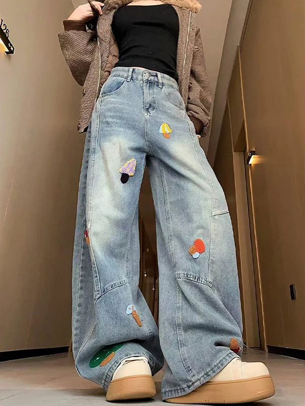 Cartoon Embroidered Wide Leg Jeans Women's High Waist Bootcut Denim Pants Casual Washed out Loose Slimming Long Trousers