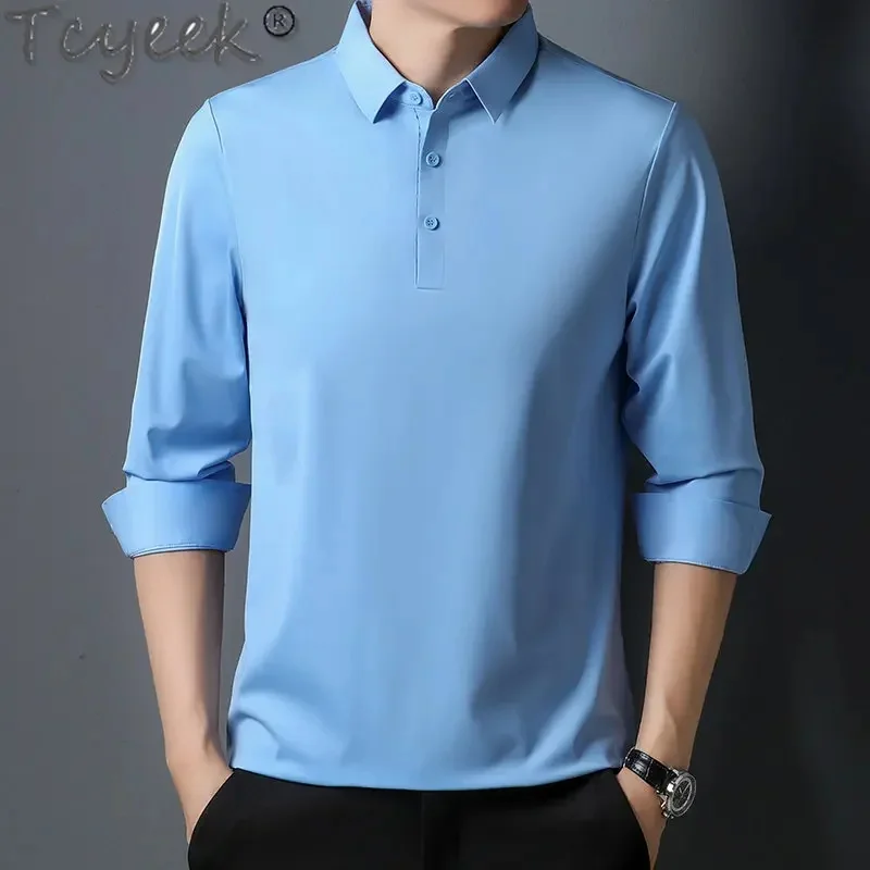 

100% Tcyeek Silk Shirts for Men Clothing Long Sleeves Tops Business Casual T-shirts Male Polo Shirt Camisas Y Blusas Zm2917