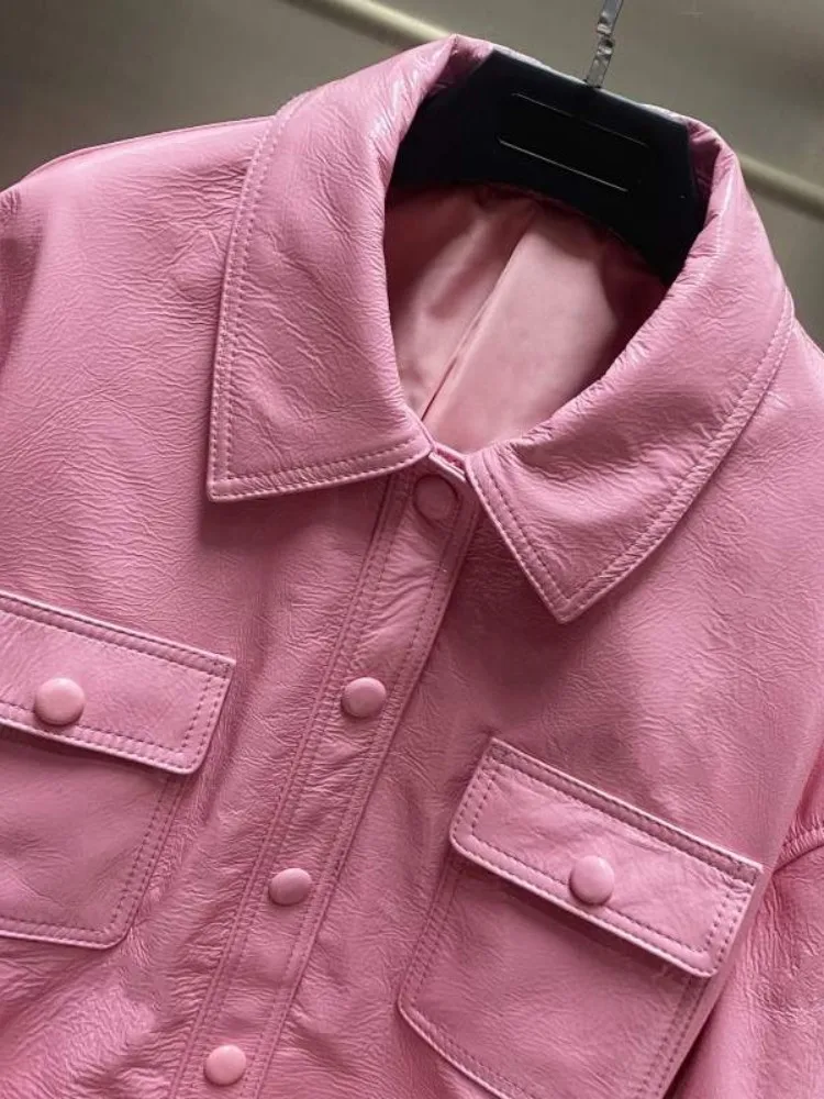 Dolce signora vera pelle maniche lunghe bavero fibbia cinturino tinta unita giacca corta tasca in pelle di pecora monopetto cappotto ampio