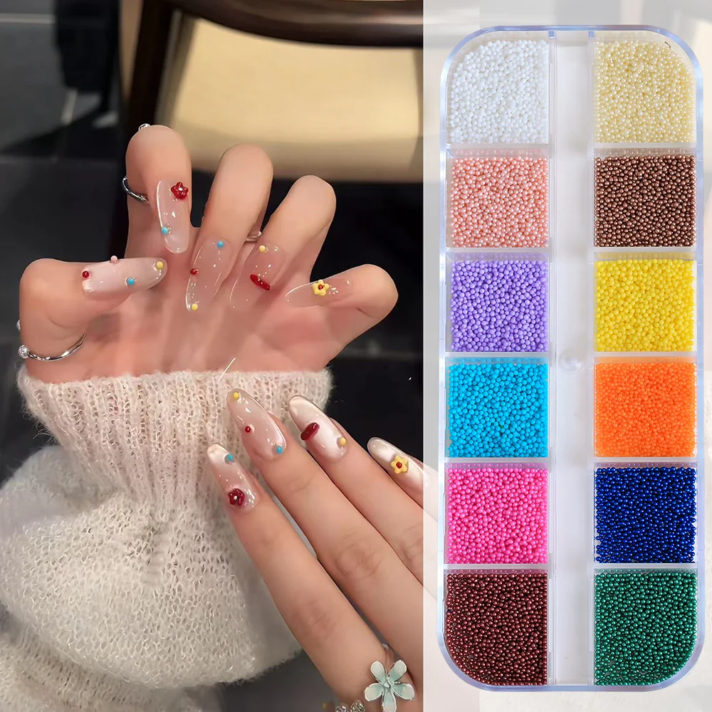 12 Grids/Box 3D Mini Beads Nail Art Charms Colorful Micro Bead Rhinestones Caviar Beads for Nails Decoration Manicure Supplies