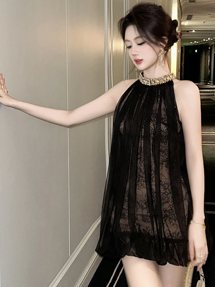 Women's Hotsweet Sweet Prom Dress for Woman Elegant Black Sheer Mesh Lace Halter Diamonds Loose Short Gown Female Party Vestidos