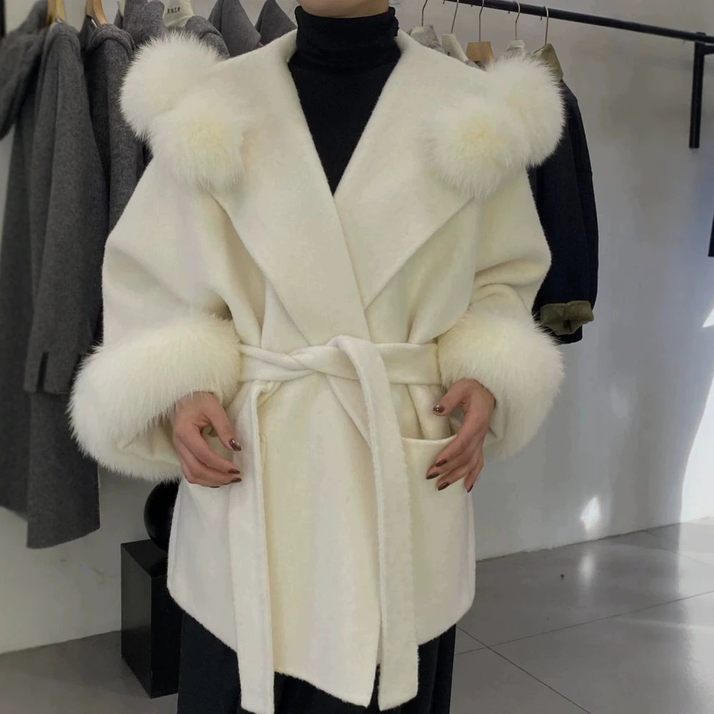 OFTBUY Kurzer Wollmantel mit Gürtel und Echtem Pelzkragen, Modische Lässige Wolljacke mit Natürlichem Fuchspelz, Neue Winterbekleidung für Damen – Detail 12