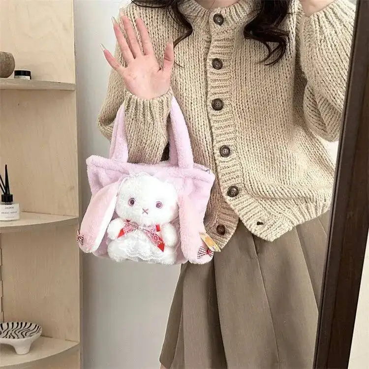 

Bloom Sweet Cute Rabbit Shoulder Women Kawaii Cartoon Animal Bow Handbag Ladies Casual Large Capacity Bucket Bag 2025 New