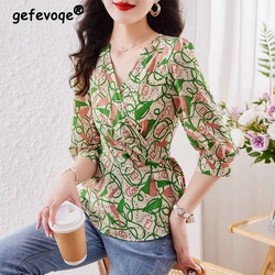 Women Summer Clothing 2023 New Korean Fashion Print Lace Up Elegant Blouses Casual V Neck 3/4 Sleeve Shirts Chic Slim Tops Blusa