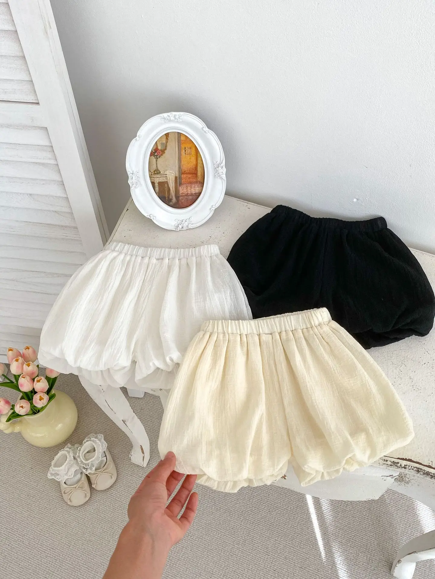 2024 Summer New Baby Girl Thin Solid Shorts Cotton Infant Cute Lantern Shorts Breathable Casual Toddler Loose Flower Bud Shorts