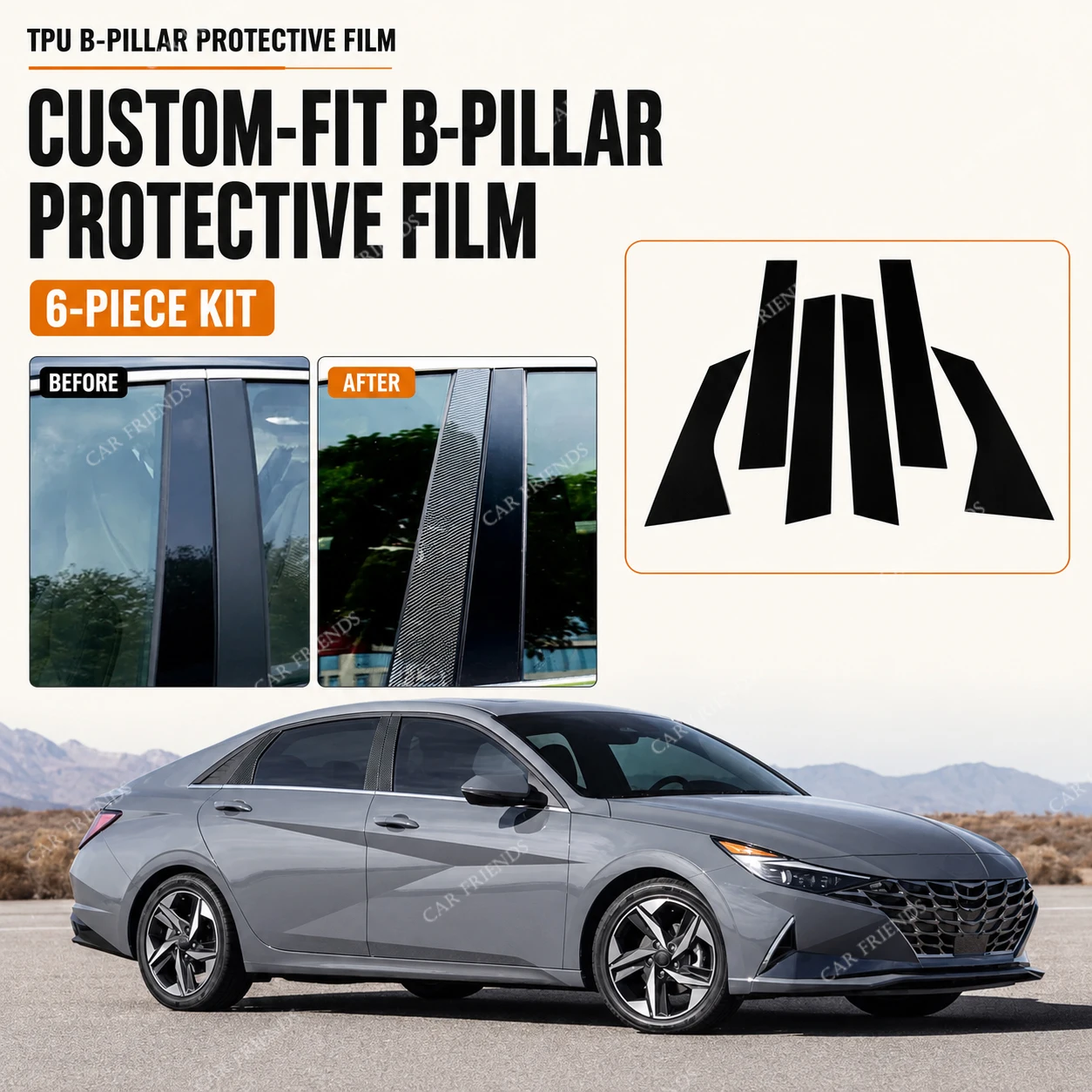 6 Pieces Glossy Black Custom Fit For Hyundai Elantra 2021-2023 TPU B-Pillar Protective Film Window Pillar Trim Protector