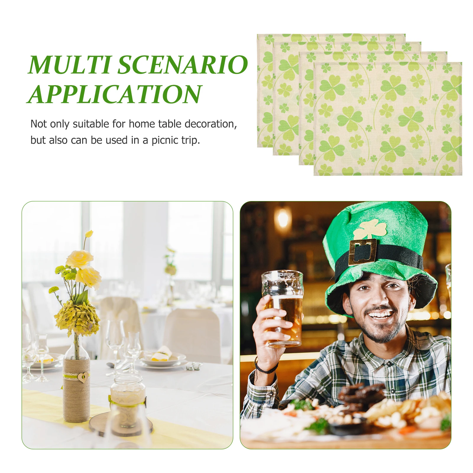 

4Pcs Shamrock Table Mats St Patrick's Day Placemat Decorative Set Reusable Stylish Table Decoration Festive Home Use