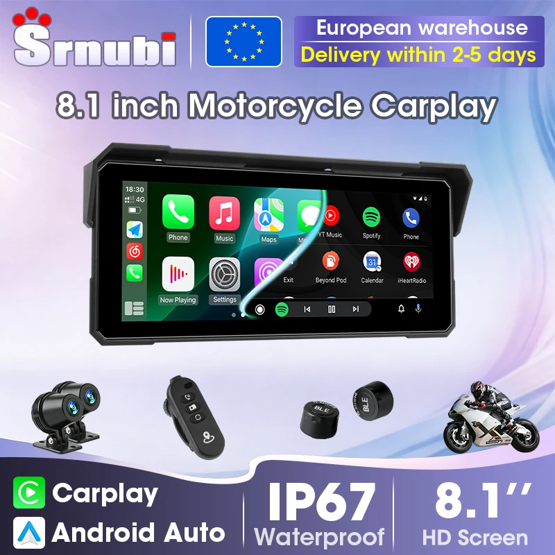Srnubi Écran de tableau de bord numérique portable pour moto de 8,1 pouces, sans fil, Carplay, Android Auto, Bluetooth, DVR, navigation GPS, TPMS, étanche IP67