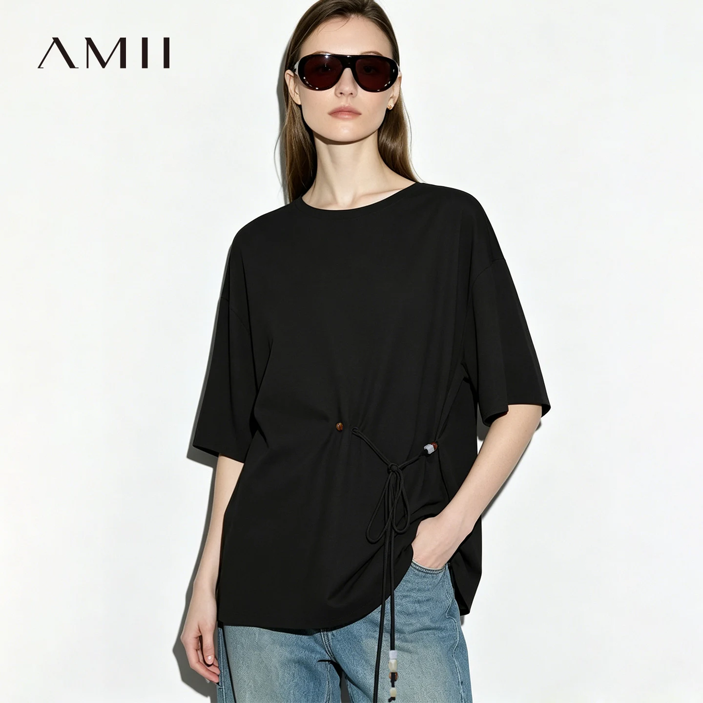 

Amii Women's Blouse 2026 Summer New Round Neck Drop Shoulder Tie Detail Chiffon Top Loose Fit Casual Shirt For Women 12642192