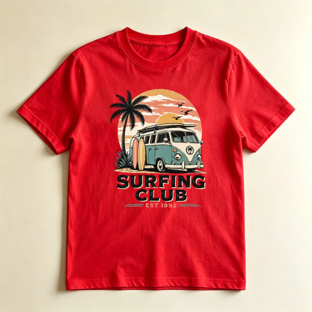 Surfing Club Graphic T Shirt Men Women Retro Van Palm Tree Sunset Print Short Sleeve Casual Surf Streetwear Vacation Loose Top