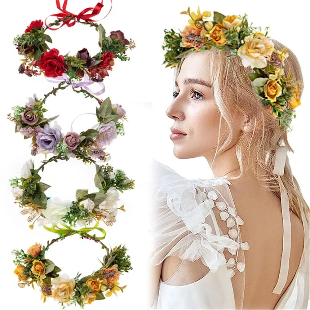 Bohemian Festival Wedding Flower Crown Photo Props Rose Green Leaf Floral Headpiece Hair Wreath for Women Girls