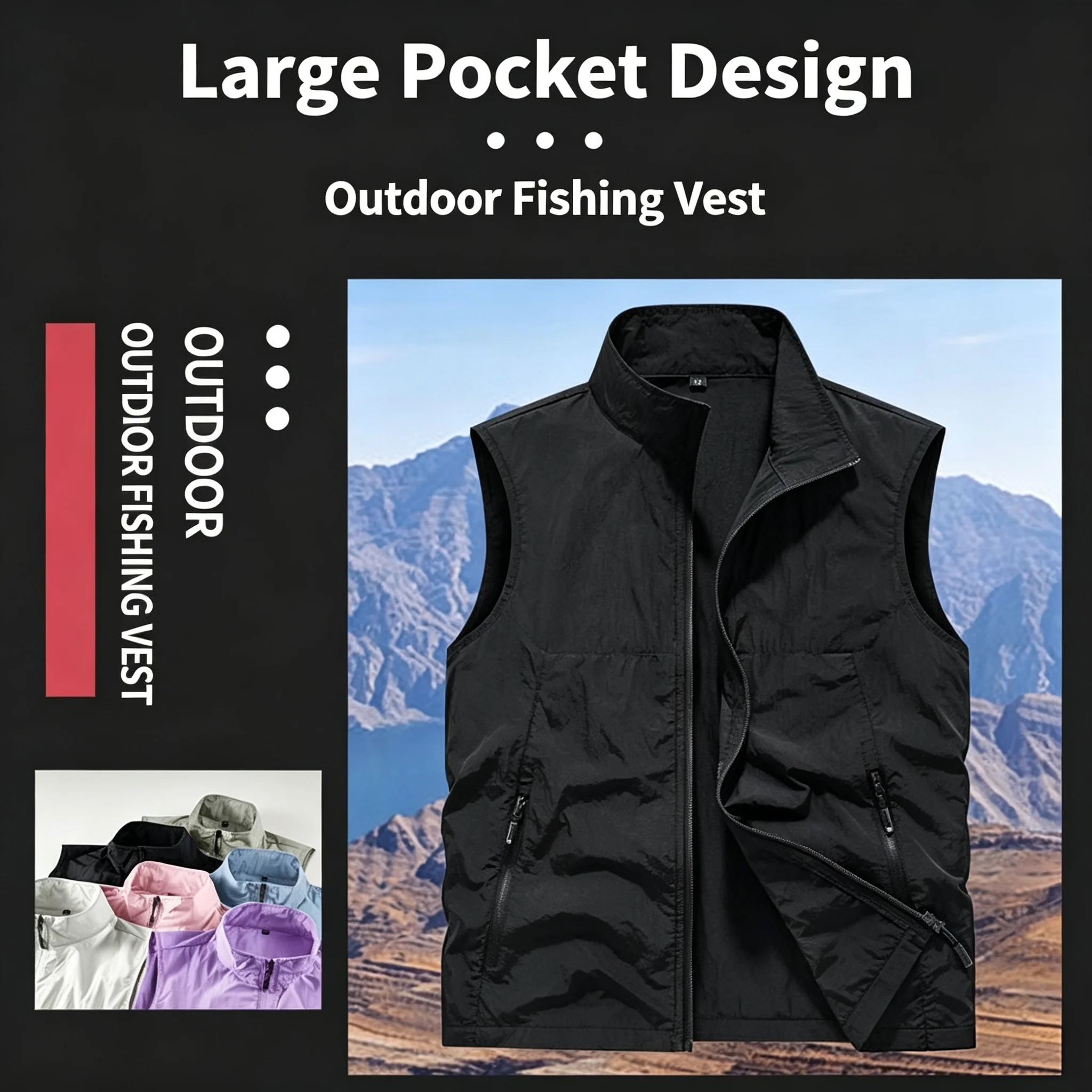 2026 Lightweight Printing LOGO Outdoor Vest Breathable Sleeveless Jacke Casual Fishing Running Gilet with Zipper Pockets