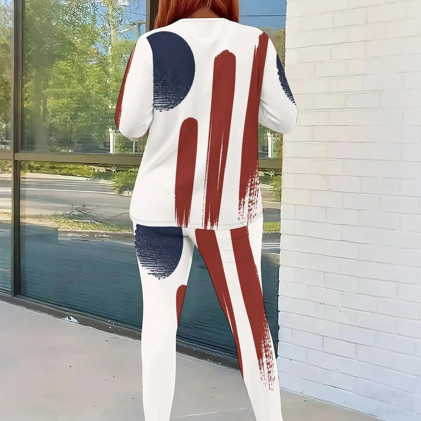 Women Abstract Red Navy Brush Stroke Print Round Neck Long Sleeve Top And Fitted Pants 2 Piece Set