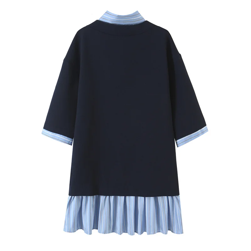 Guobioziy Women's Dress 2026 Fall New Arrival Dark Blue Patchwork Bow Decor Short Dress College Style Trendy