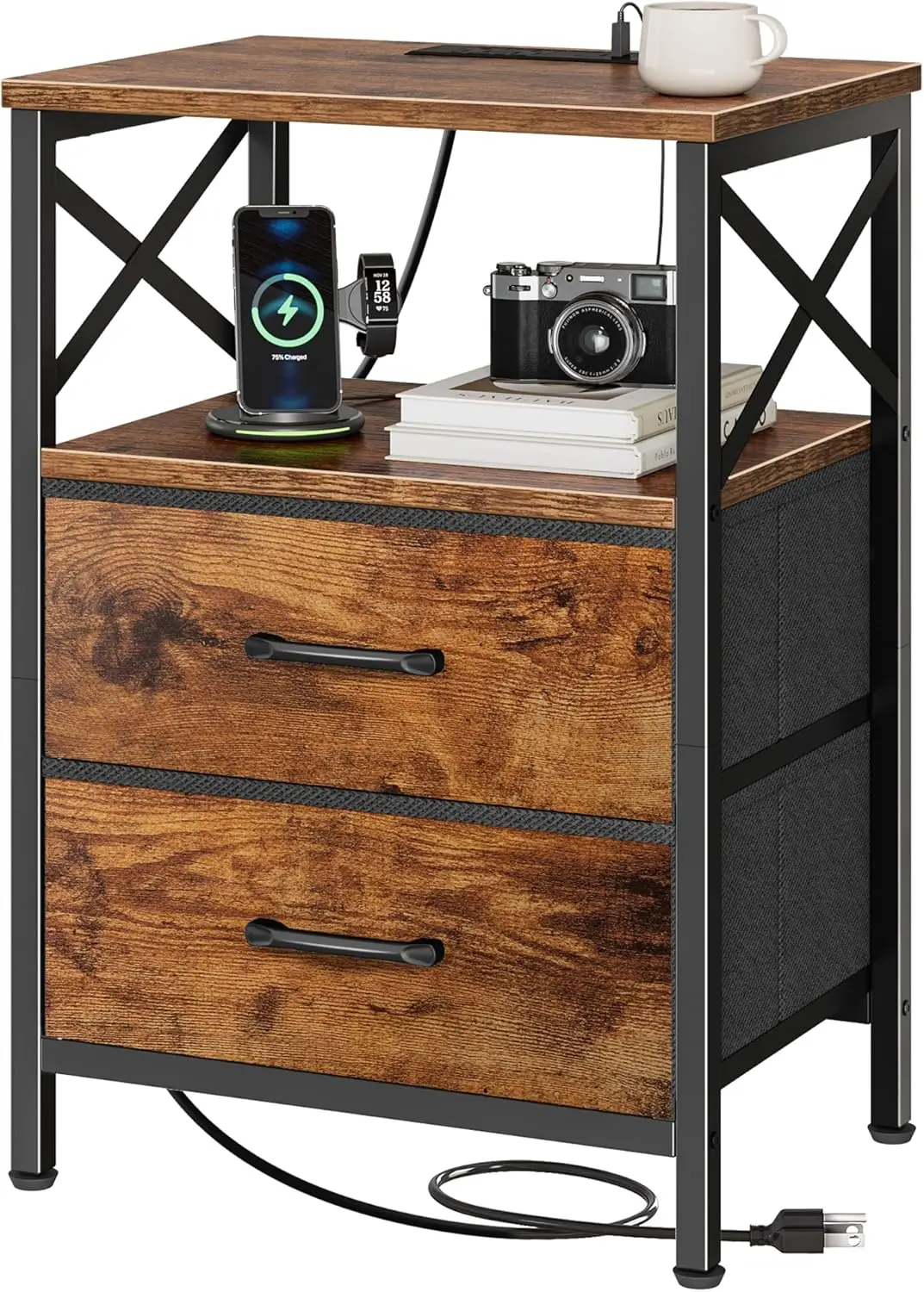 

Прикроватная тумбочка с зарядным устройством, тумбочка с двумя ящиками и открытой полкой, прикроватный столик с портом USB-C, торцевой столик, компактный