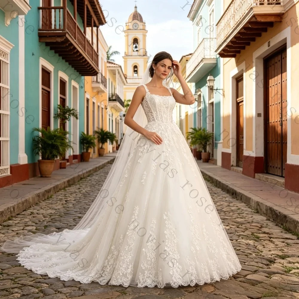 Customized Square Neck Sleeveless Lace Wedding Dresses 2026 Sheer A-line Floral Decal Bridal Gown Luxurious Princess Big Tail