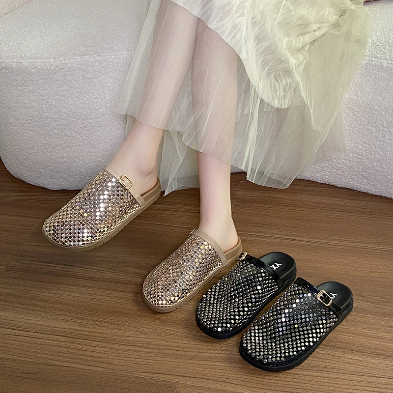 

Women Rhinestone Mesh Mules Slippers Summer Hollow Out Closed Toe Slides Sandals Fashion Buckle Breathable Flat Casual Shoes
