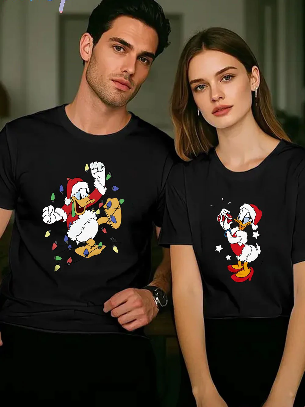 

﻿ Disney Christmas Couple Set, Loose-Fit Casual T-Shirt with Donald Duck and Daisy Print, Unisex Summer Short Sleeve Shirt Y2k