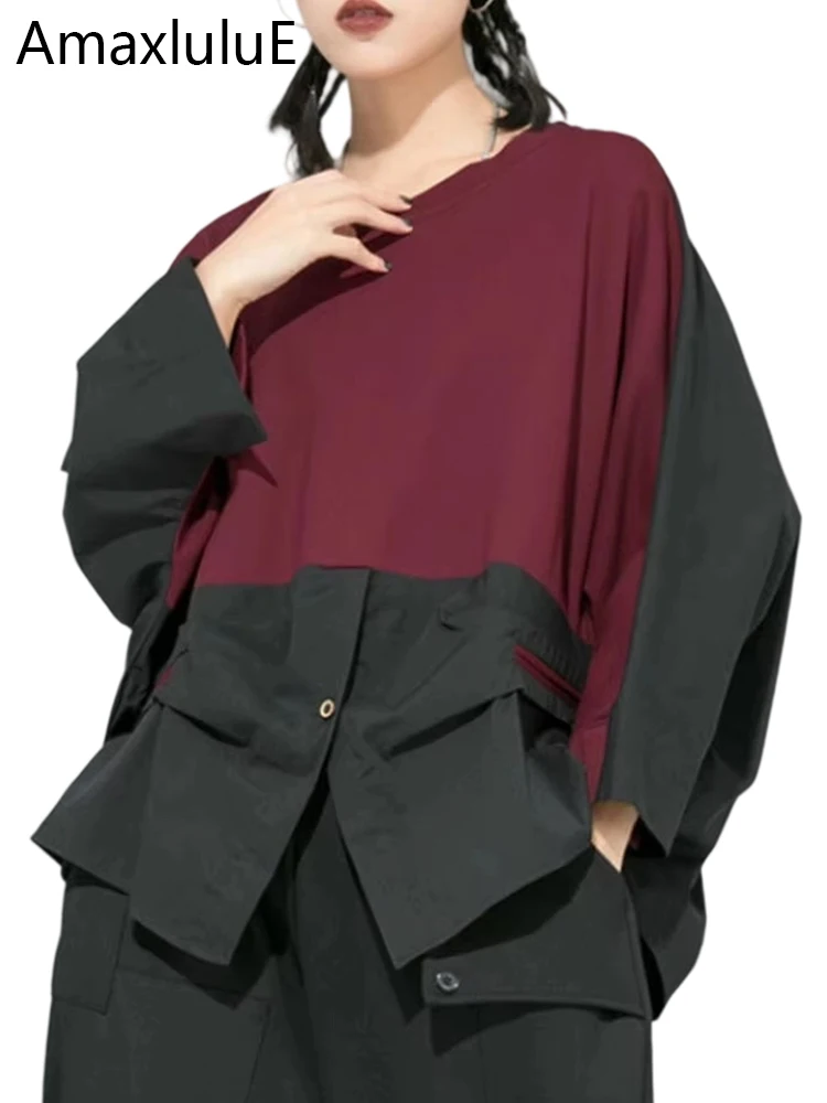 Amax luluE koreańska moda jesienna odzież uliczna damskie koszule w stylu vintage damskie patchworkowe bluzki na co dzień luźne topy ubrania typu oversize