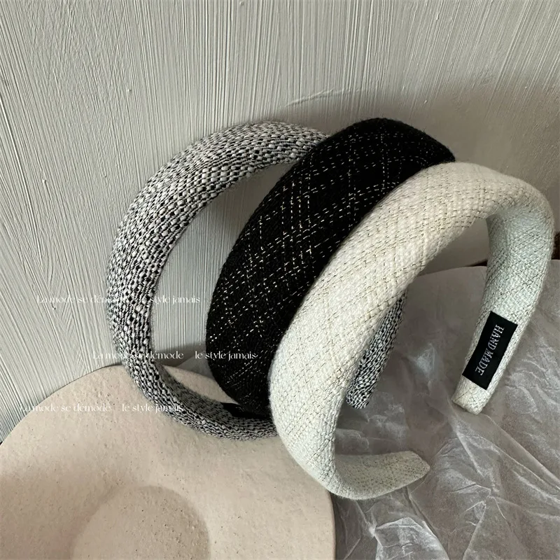 Retro Style Tweed Hairbands Temperament High Quality Headbands 2023 Spring New Black Grey White Hair Accessories