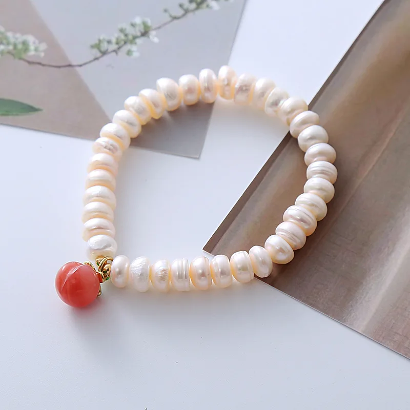 Elegant Honey Peach Design 100% Natural Freshwater Pearl & Agate Stone 14K Gold Filled Female Beads Chain For Women Bracelet