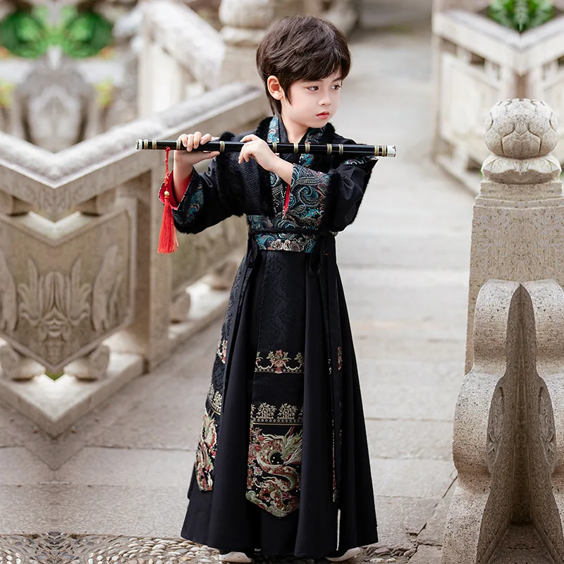 

Black Hanfu Boys' Winter New Tang Suit Chinese Style Boys' Martial Arts Guest Young Master Performance Dress