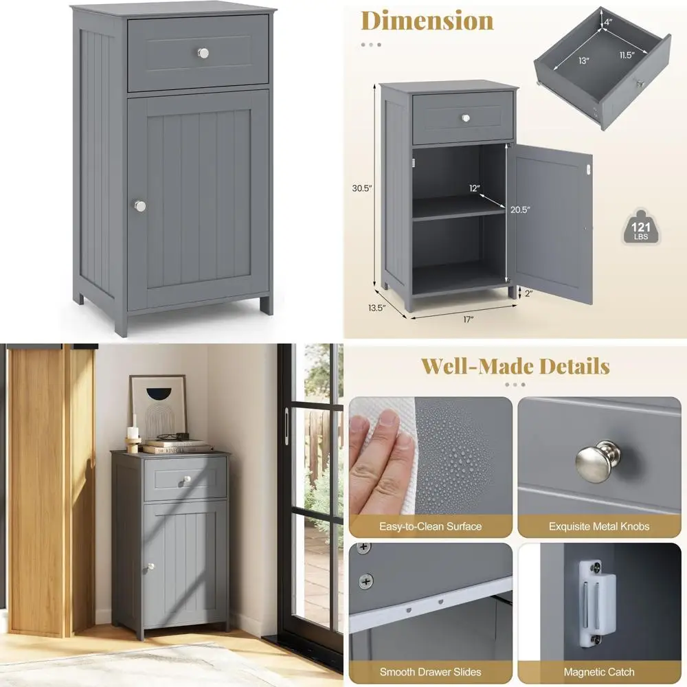 

отдельно стоящий шкаф для хранения в ванной комнате с выдвижным ящиком, дверью, регулируемой полкой и защитой от опрокидывания.