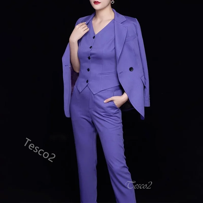 Tesco Fall Suit 3 Piece Blazer+Vest+Pants For Women Violet Elegant Slim Fit Office Lady Pant Sets 2024 Wedding Stage Outfits