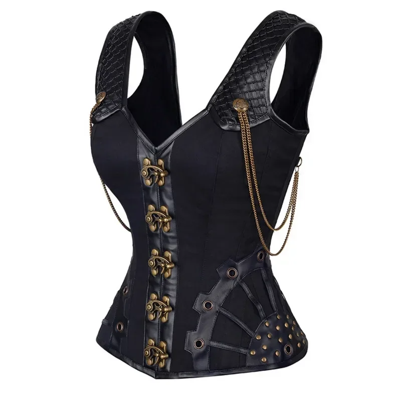 Steampunk Gothic Corset with Steel Bone Rivets for Women High Quality Vest Top Waist Control Corsets and Bustiers Sexy Leather 1