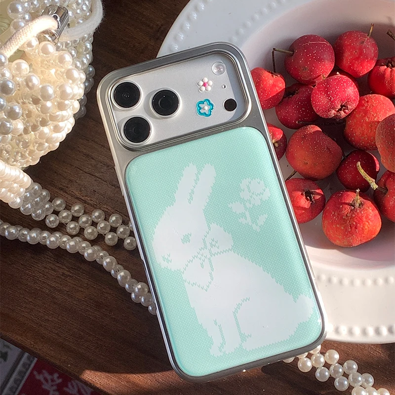 Mintgrüne weiße Wollhase-Handyhülle mit galvanisiertem Tropfkleber für iPhone 17 Air 16 Pro Max 15 14 Plus 13 12 11 Rückseite