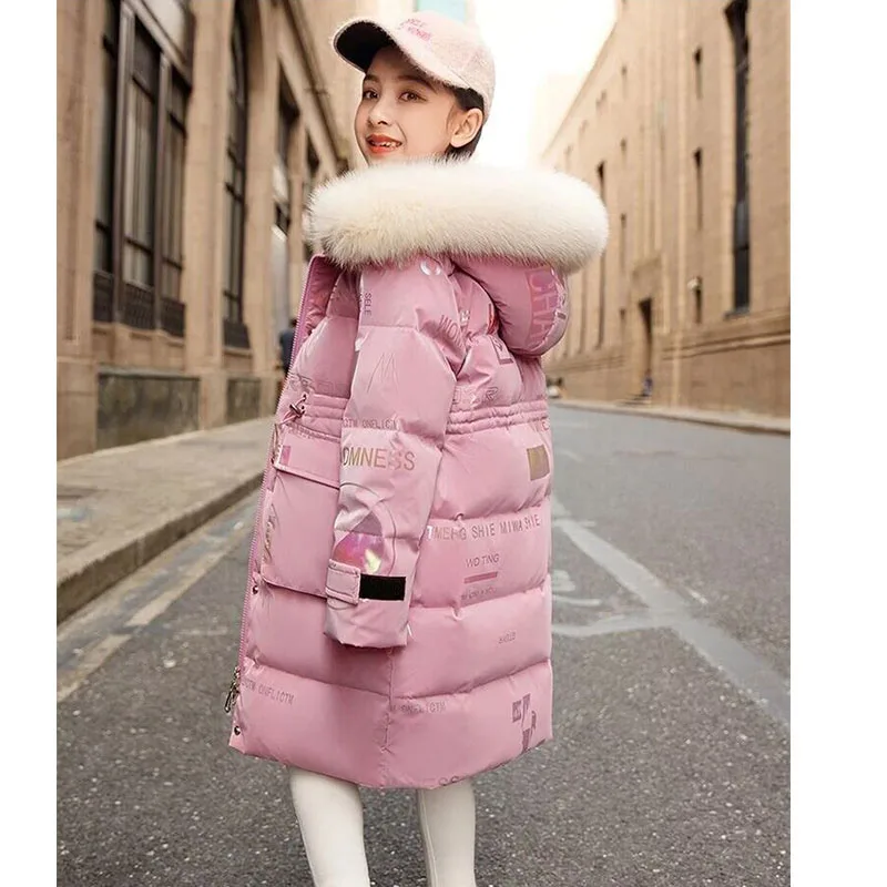 Children Girl Boy Winter Fur Thickened Down Jackets Down Long Coat Jacket Overcoat Outwear 1-12Y Baby Kids Clothing -30