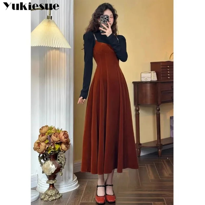 Retro Elegant Dress Slim Midi Solid Spaghetti Strap 2023 New Autumn Winter Dress Elegant Dress for Women Sleeveless French Style