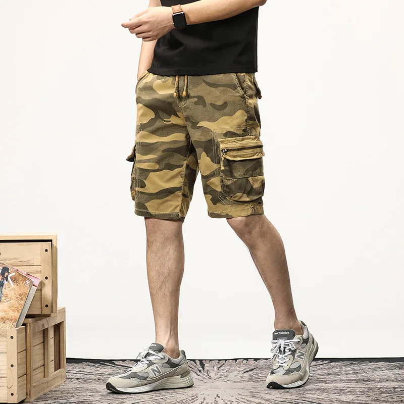 2025 Men's Stretch Camouflage Cargo Shorts, Summer Lightweight Multi-Pocket Casual Streetwear, Relaxed Fit Hong Kong Style