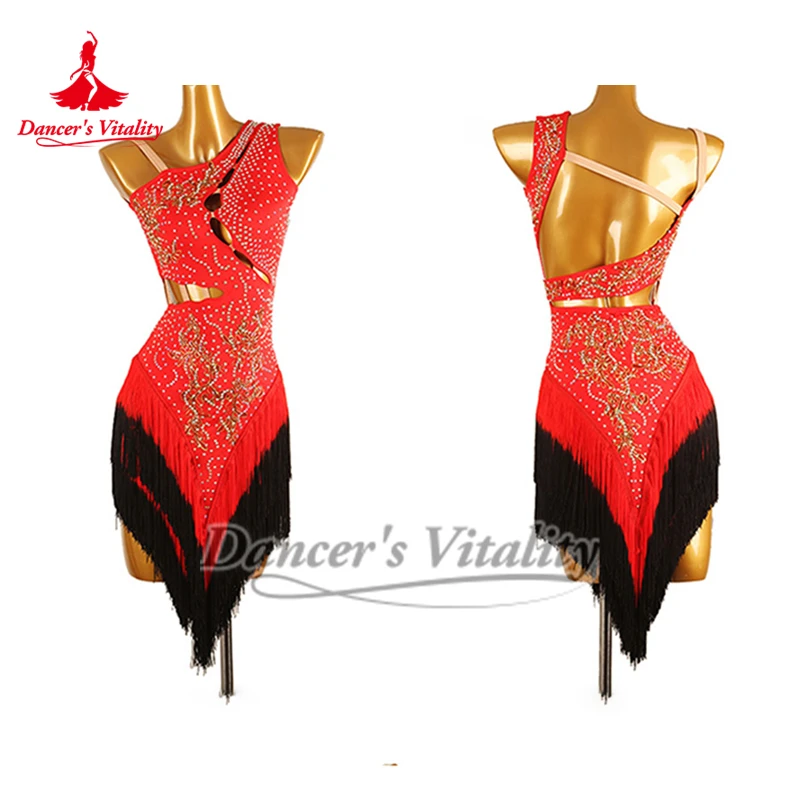 Vestido sin mangas Chacha Samba con borlas de Color degradado rojo y negro para mujer, traje de examen de grado de baile latino personalizado