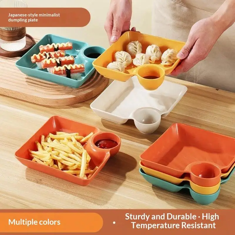 4Pcs Dumpling Plates with Integrated Sauce Compartments Durable BPA Free for Home Restaurant Sushi Appetizers