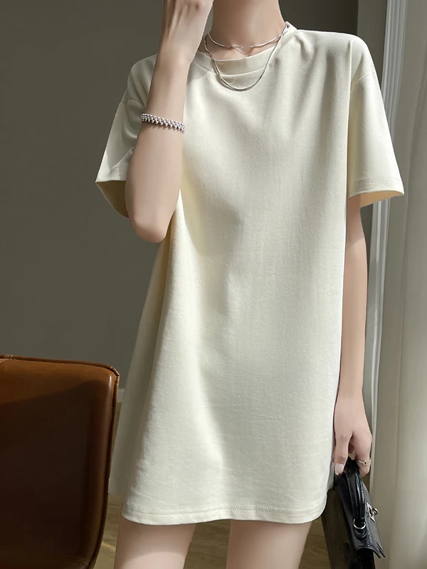 Summer New Style White Pure Cotton Short Sleeve Women's T-shirt Loose Mid-Length Cover Butt Fashionable Base Layer Top