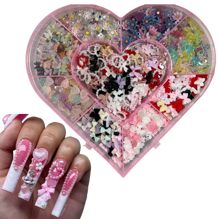 

500PCS/Box Kawaii 3D Y2K Dopamine Mix Color Pearl Hollow Heart Star Auora Butterfly Camellia Bowtie Ribbon Bow Nail Art Charms