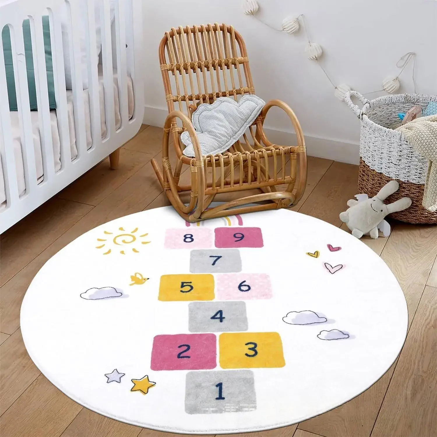 Round Rug – Bear, Cow, Whale Educational Kids Carpet, Non-Slip Floor Mat for Room Decor
