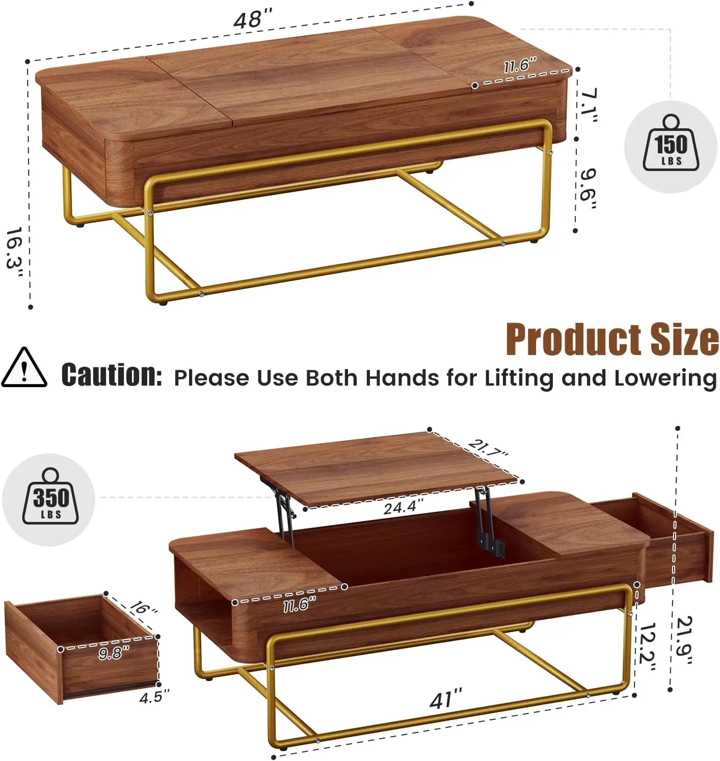 Mesa de centro con cajones de almacenamiento y patas de Metal, mesa de centro con tapa elevadora con gran compartimento oculto, 48"